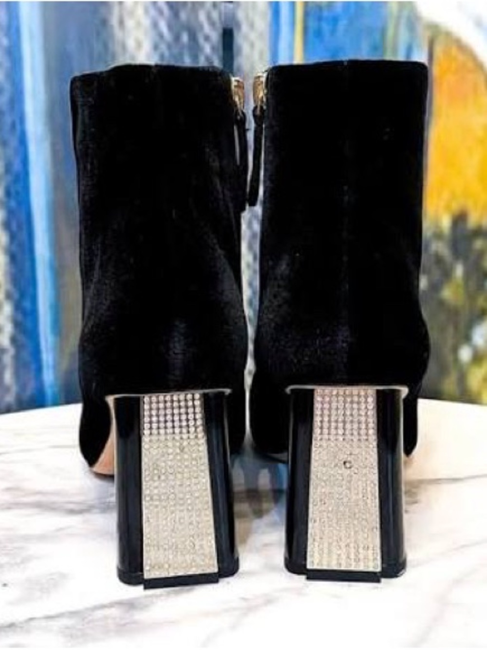 Kate Spade Black Velvet Ankle Booties with Crystal-Studded Block Heels - Picture 11 of 12